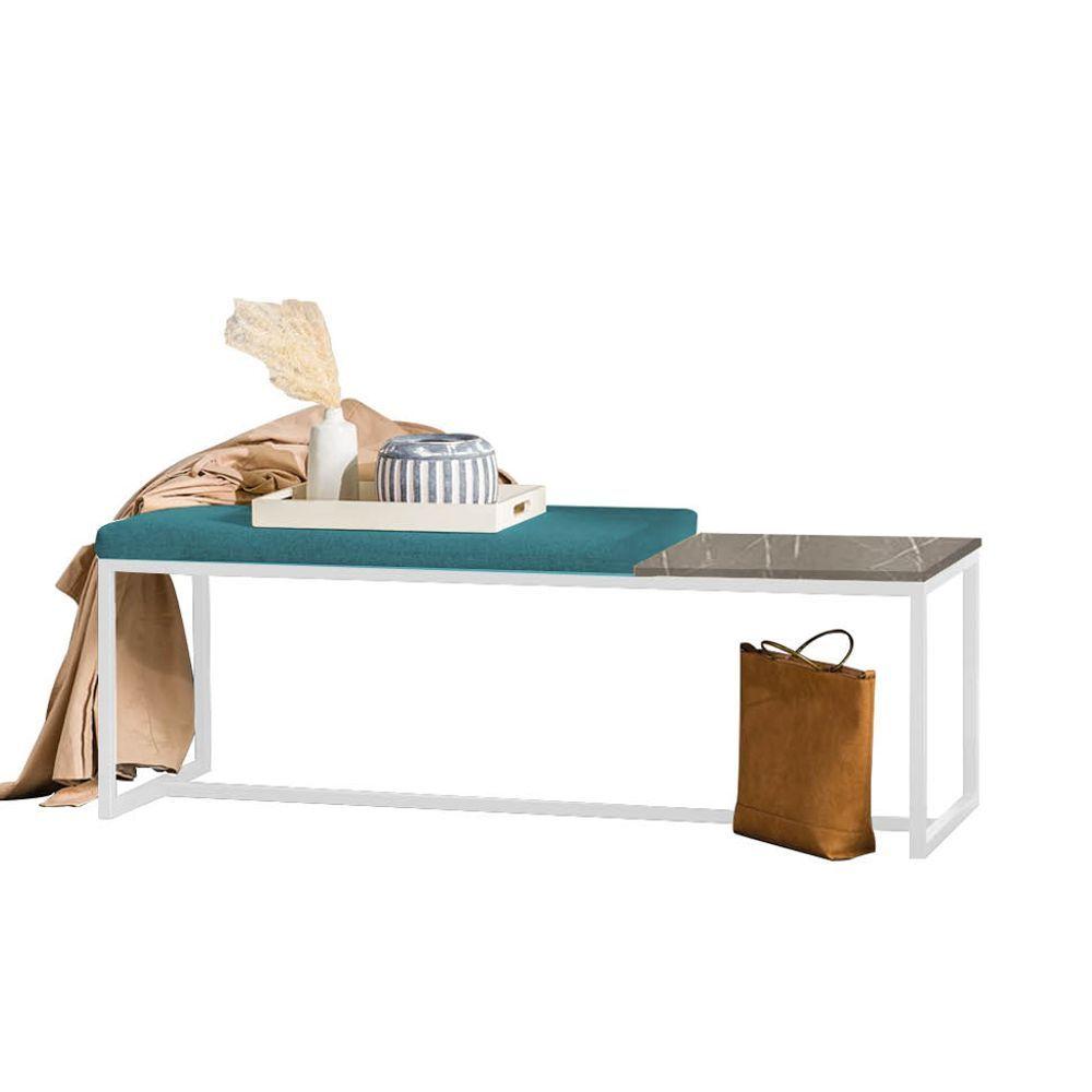 Miniatura Banco Recamier Puff 140cm Industrial Branco Suede Azul Turquesa Tampo Quadrado Marmorizado