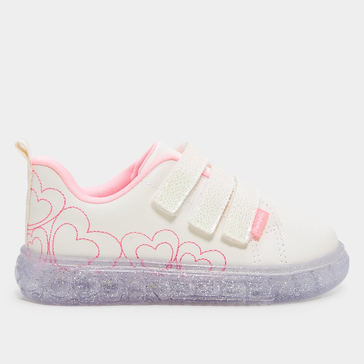 Miniatura Tênis Infantil Pampili Corações + Led Menina Branco+Rosa - 23