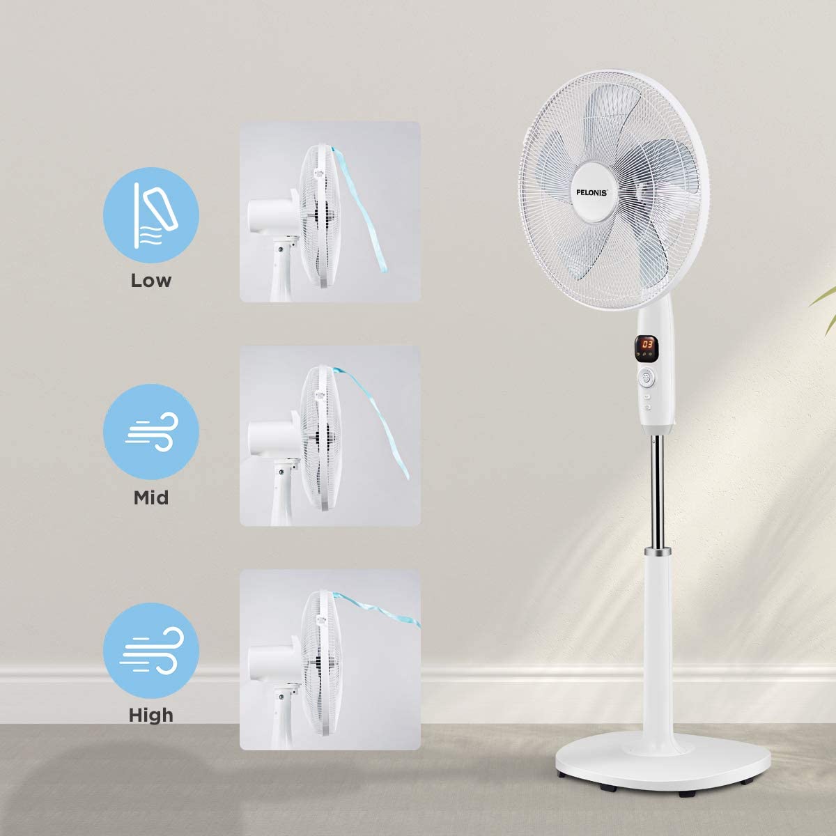 Miniatura PELONIS PFS40D8AWW Silent Turbo Standing Adjustable Fan Powerful Quiet Speed 12 Hour OnOff Timer 3 Modes with Remote Control 16 inch 16inch DC Motor Pedestal 2020 New Model