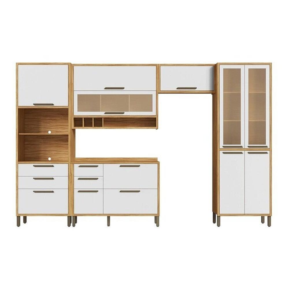 Miniatura Cozinha Modulada Completa 5 Peças 11 Portas e Vidro Reflecta 349cm 100% Mdf Vicenza Espresso Móveis Amêndoa/Branco