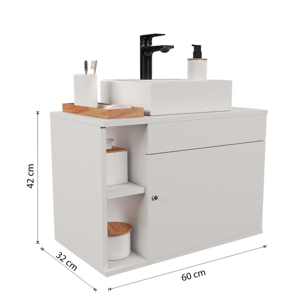 Miniatura Gabinete Armário Para Banheiro Com Espelho e Cuba Mármore Sintético 60cm Branco