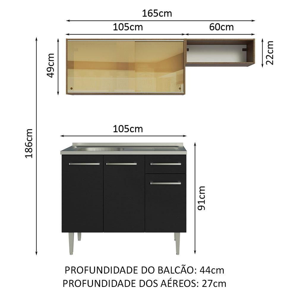 Armário De Cozinha Compacta 165cm Com Pia Rustic/preto Emilly Madesa 06 Rustic/preto