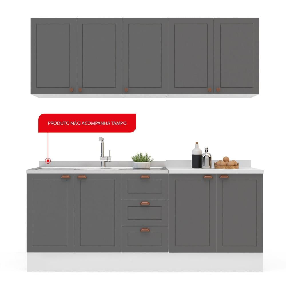 Miniatura Cozinha Pérola com Rodapé 4 Peças Aéreos com 5 Portas, Balcão 2 Gavetas 3 Portas e Balcão 2 Portas Y Branco/Cinza