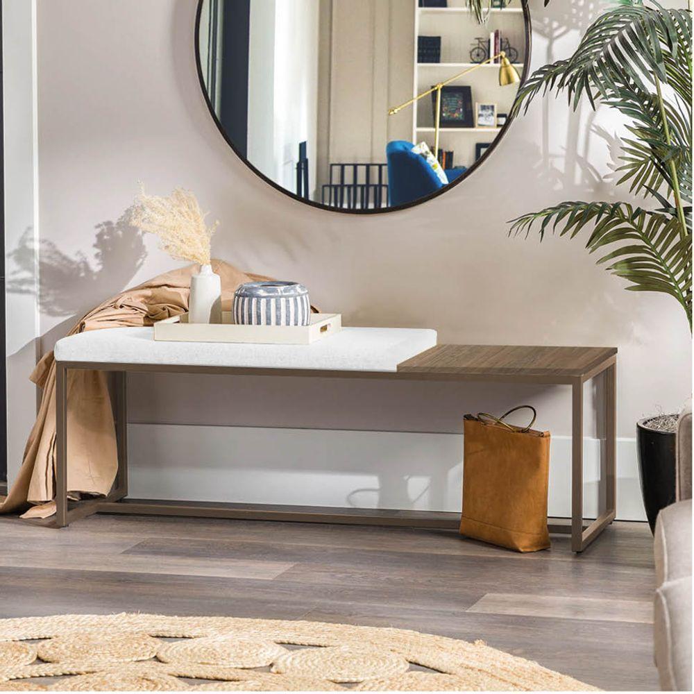 Miniatura Banco Recamier Puff 195cm Industrial Marrom Corino Branco Tampo Quadrado Mdf Imbuia