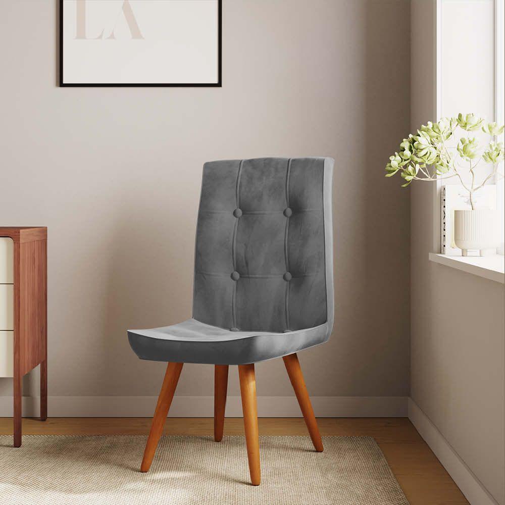 Kit 03 Cadeira De Jantar Drop Com Botão Base Pé Palito Castanho Suede Cinza - Amey Decor