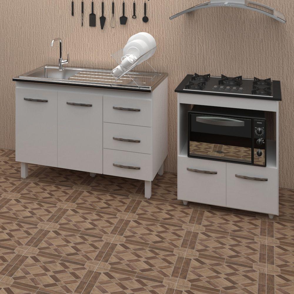 Miniatura Armário Gabinete Pia De 120 Cm Bianca Com Balcão Cooktop 5 Bocas E Forno Elétrico Elisa Branco