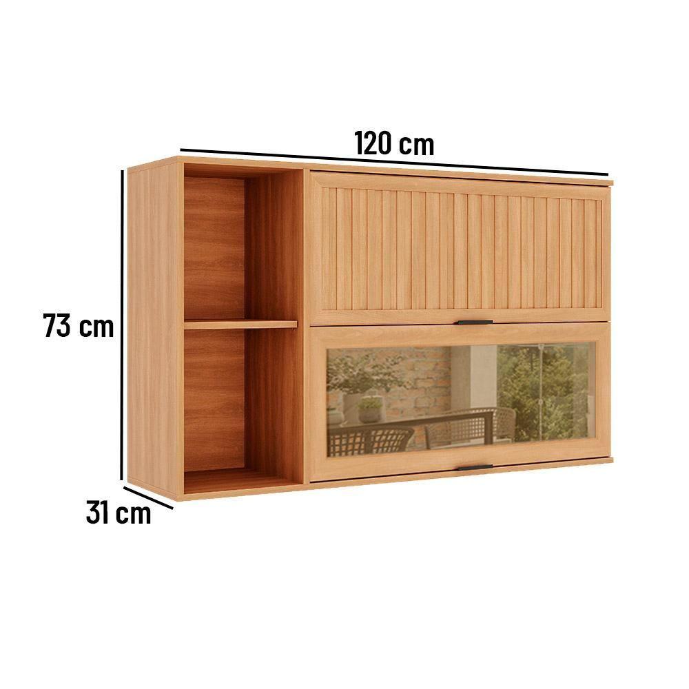 Miniatura Armário Aéreo Castanha 1200mm 1 Porta Ripada E 1 Porta De Vidro - Freijó E Cinza