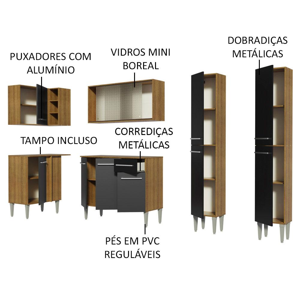 Cozinha Completa de Canto Madesa Emilly Self com Balcão, Armário de Vidro e Paneleiro Rustic/Preto