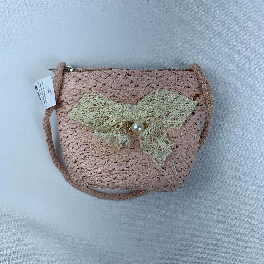 Miniatura Bolsa Infantil Feminina Mini Bag Em Palha Sintética Transversal De Ombro Com Lacinho rosa Claro