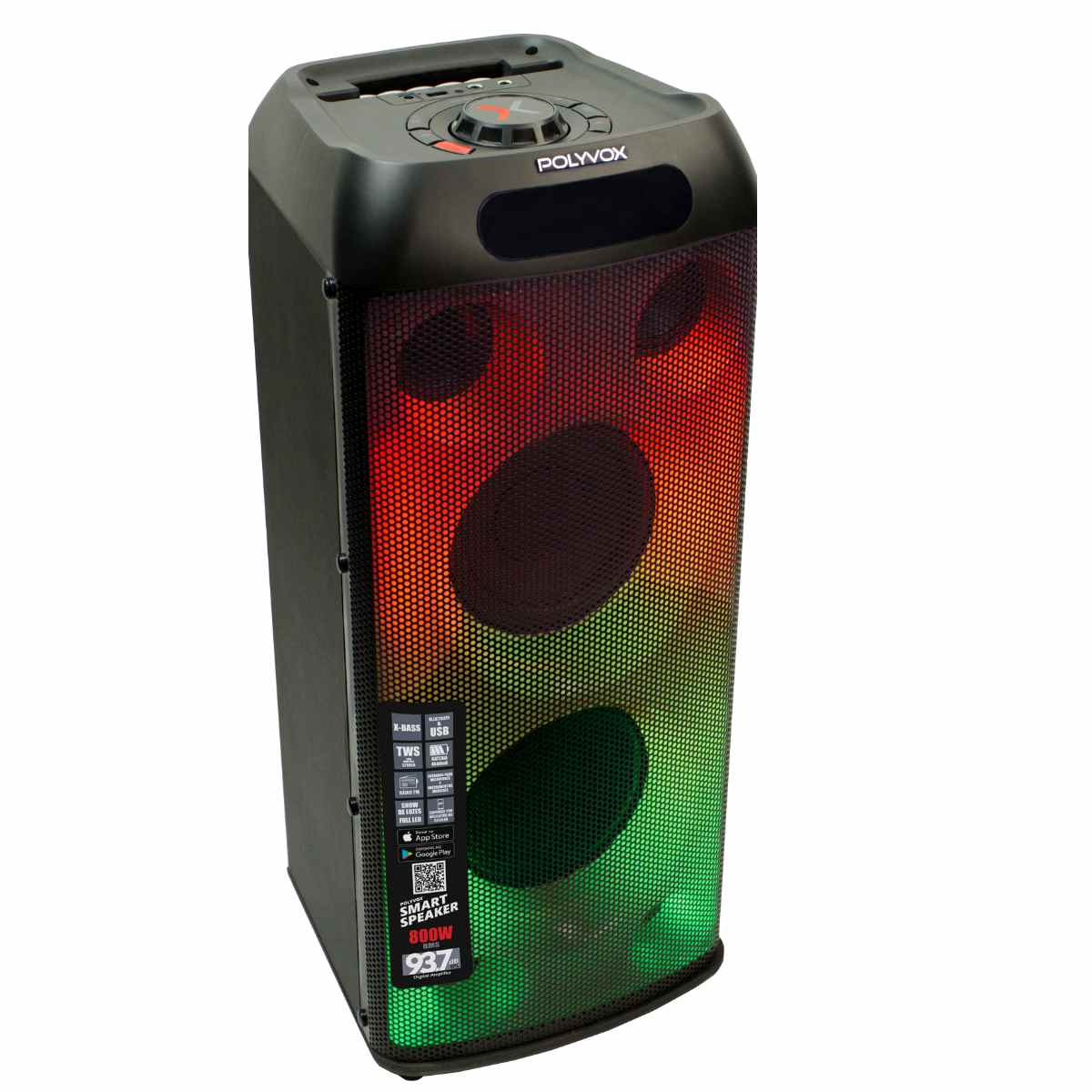 Miniatura Caixa Som Amplificada Bluetooth Full LED Torre 800W TWS Polyvox