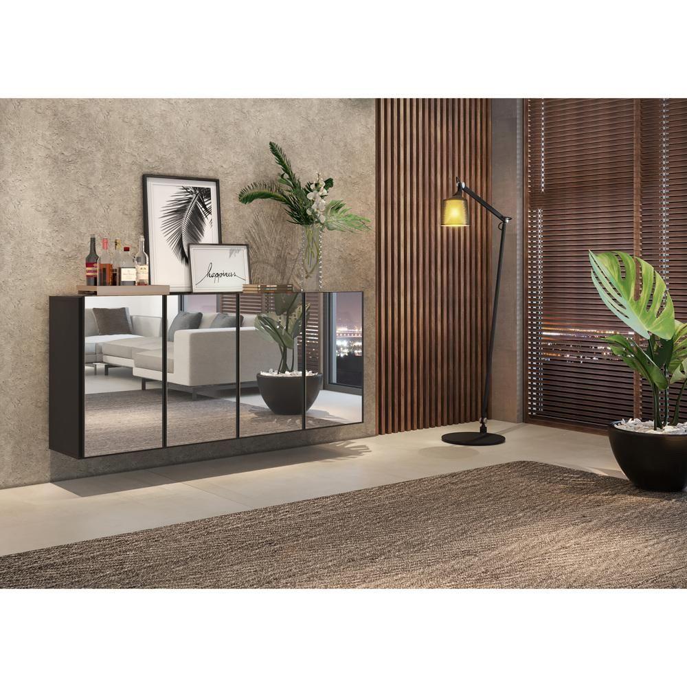 Aparador Buffet 4 Portas com  Espelho Suspenso Preto