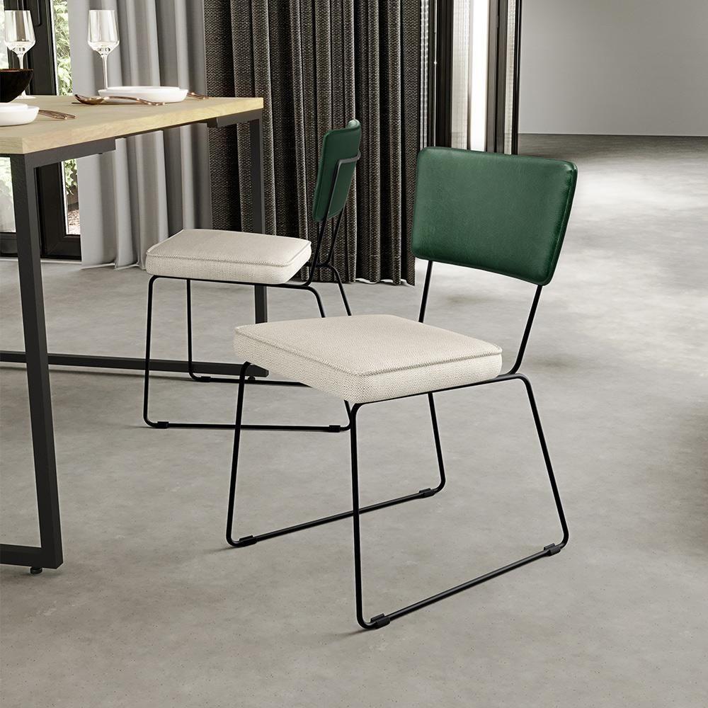 Kit 04 Cadeiras L02 Facto Verde Musgo Linho Champagne