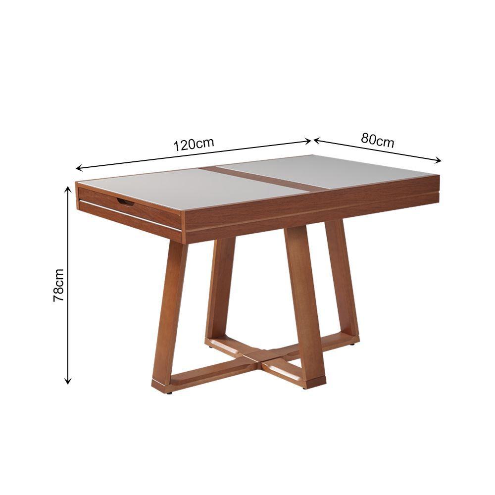 Miniatura Mesa De Jantar Caroline 1,20m Extensível 1,80m Em Madeira Maciça Imbuia Tampo Vidro Off White