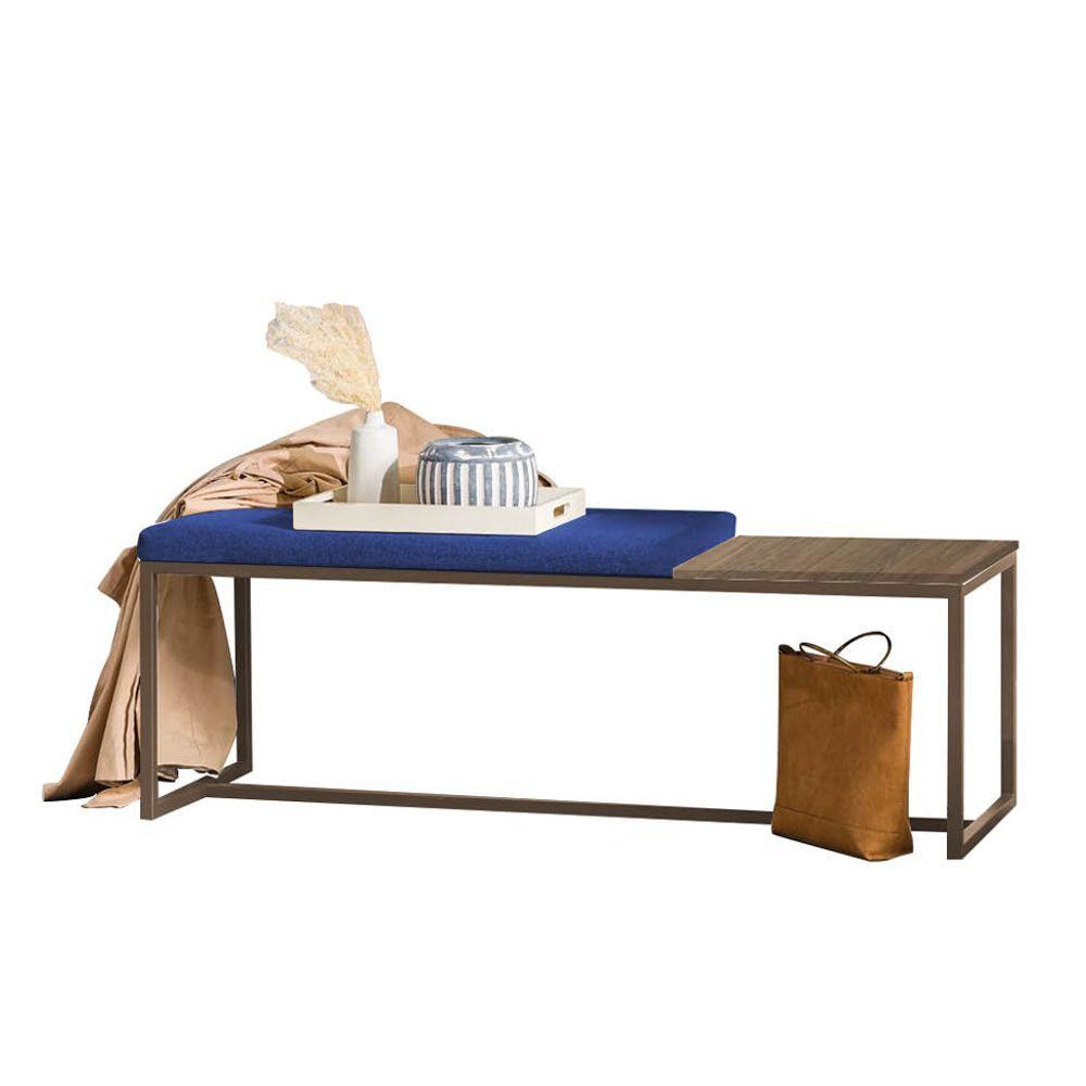 Miniatura Banco Recamier Puff 160cm Industrial Marrom Sintético Azul Marinho Tampo Quadrado Mdf Nogal