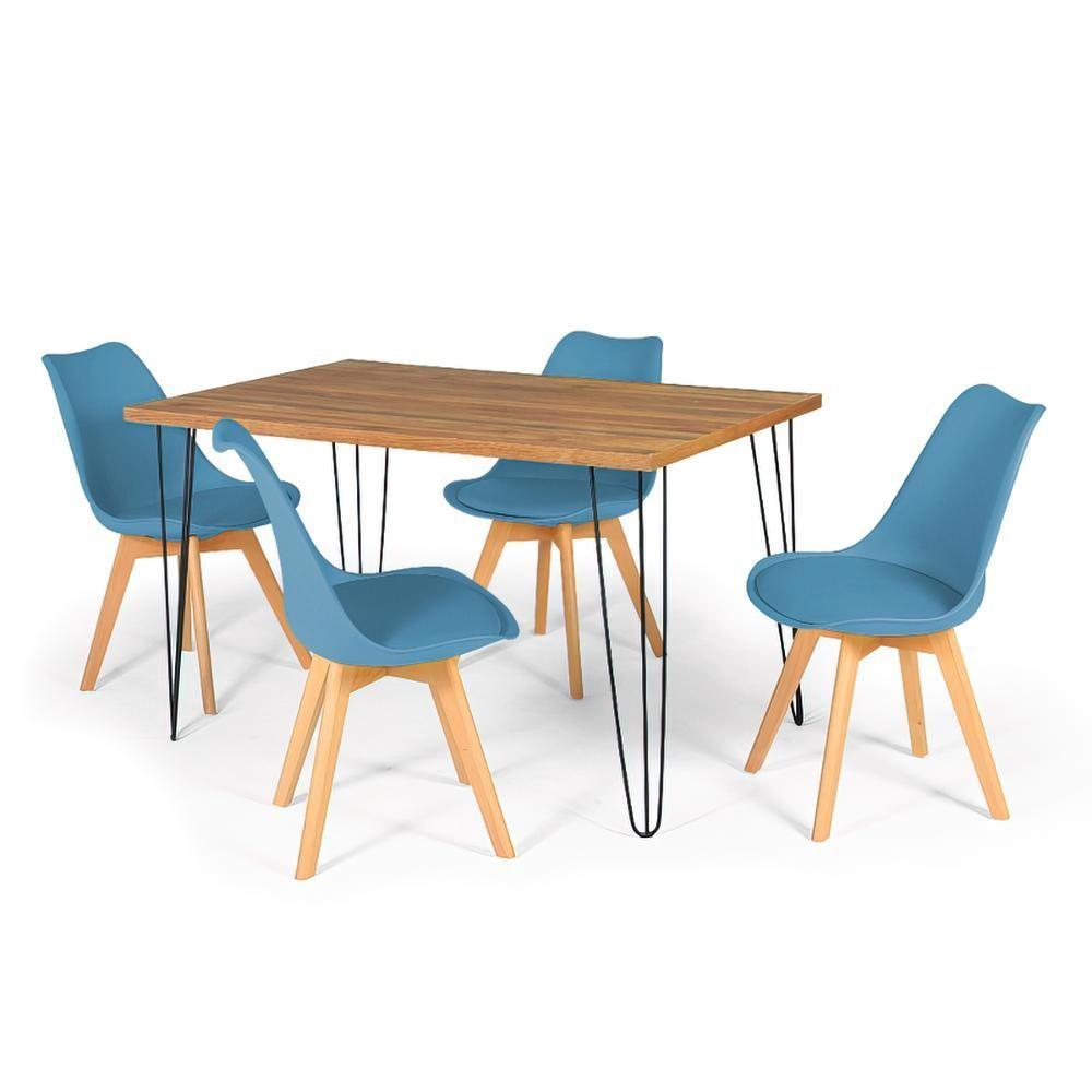 Miniatura Conjunto Mesa De Jantar Hairpin 130x80 Natural Com 4 Cadeiras Eiffel Leda - Turquesa