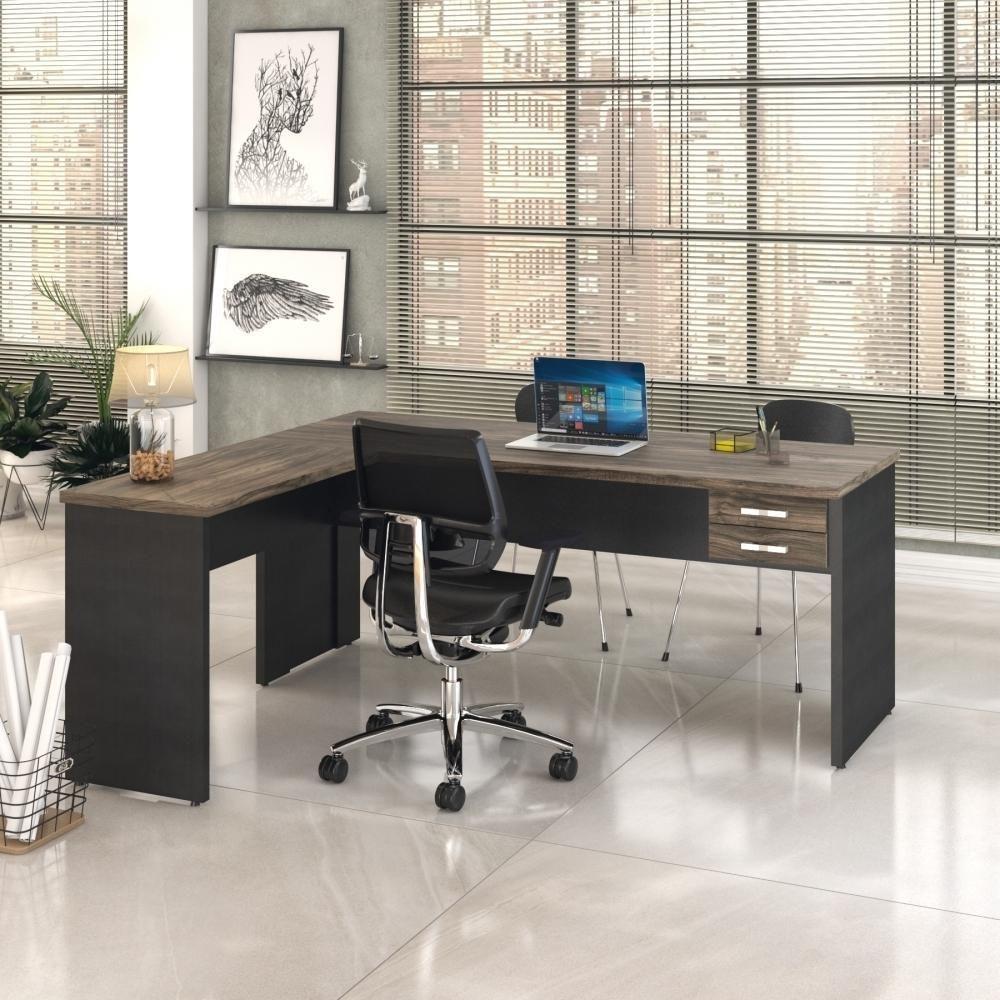 Miniatura Mesa Para Escritório Em L 1,80x1,60m Tampo E Pés 30mm Com Gaveta Carvalho Dark Compreto Ônix