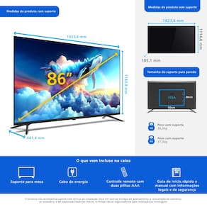 Smart TV LED 86" Ultra HD 4K Philips 86PUG7019/78 com Google TV, Comando de Voz, Wi-Fi, Entradas HDMI e USB