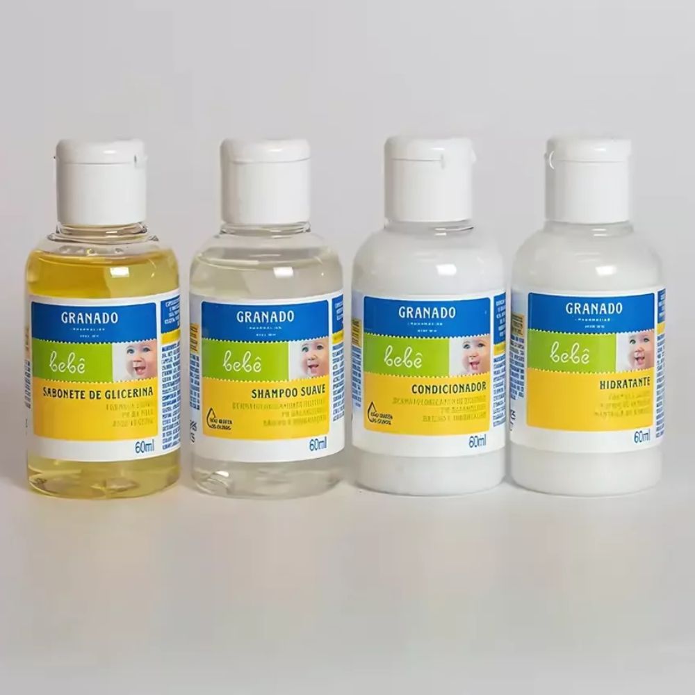 Miniatura Kit Granado Bebe Sabonete de Glicerina Shampoo Suave Condicionador e Hidratante com 60ml cada