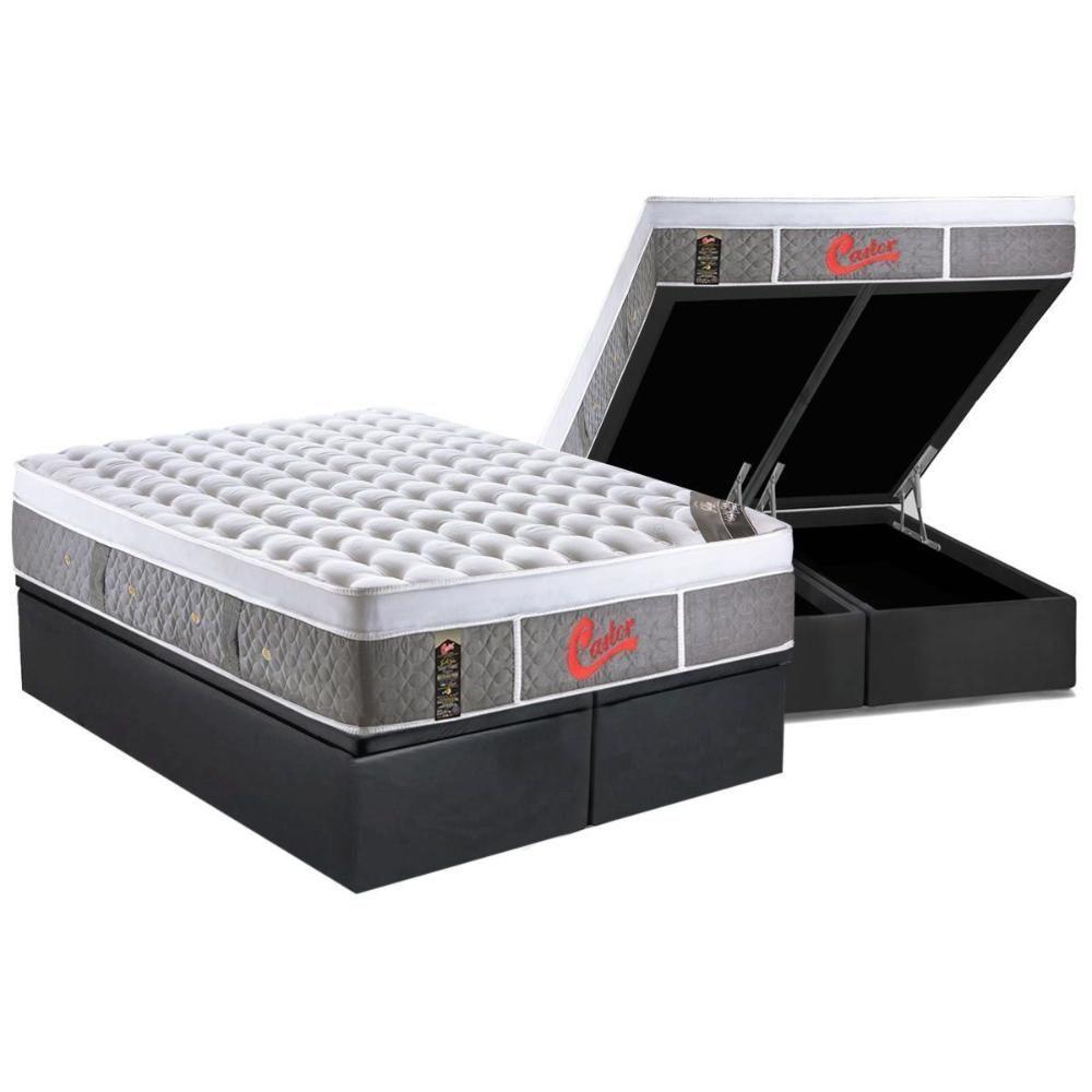 Miniatura Cama Box Baú Queen: Colchão Molas Castor Pocket Light Stress Oxygen New Plush + Base Gray(158X198)