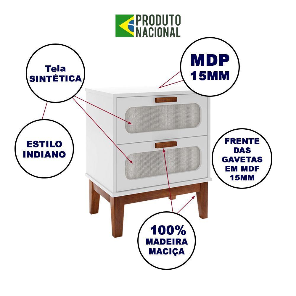Mesa De Cabeceira 2 Gavetas Santorini Branco 45 Cm Com Tela Indiana - Cor: Branco