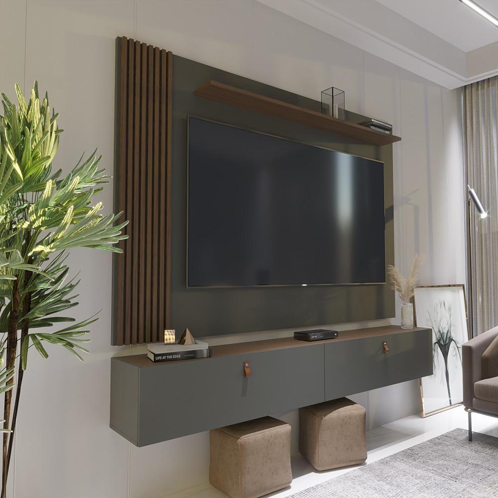 Miniatura Rack Com Painel Ripado Suspenso Para Tv Até 70 Polegadas 2 Portas Grécia 180cm Cinza