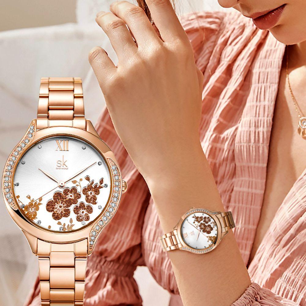Miniatura Relógio Feminino Moda Elegante Flores Pulseira Em Inoxidável