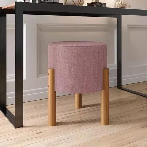 Miniatura Puff Banqueta Decoração Quarto Suede Rose Pé Em Madeira