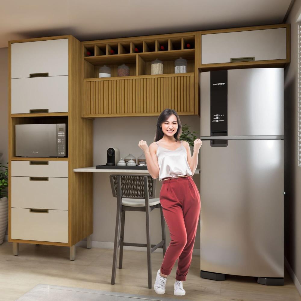 Cozinha 3 Peças Paneleiro Forno 2 Portas 3 Gavetas, Armário Aéreo 1 Porta e Armário Aéreo Geladeira Freijó/Off White