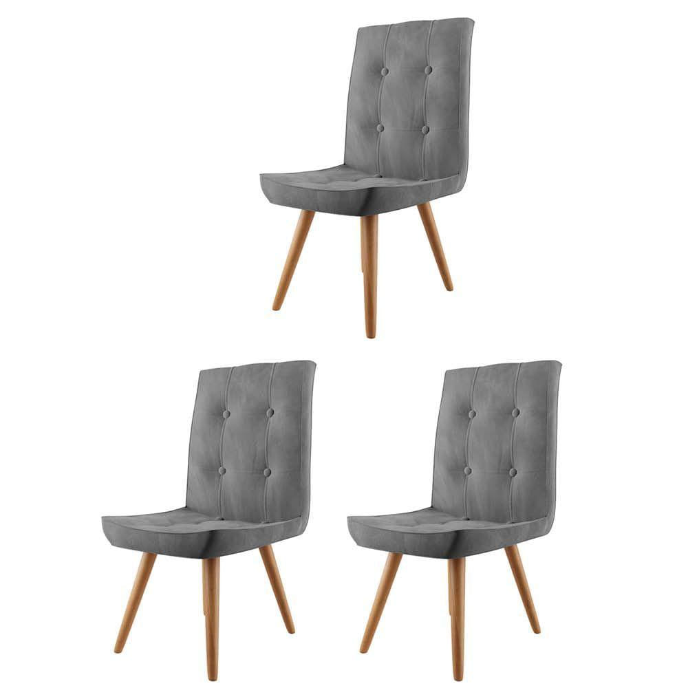 Miniatura Kit 03 Cadeira De Jantar Drop Com Botão Base Pé Palito Castanho Suede Cinza - Amey Decor