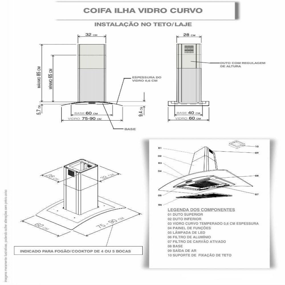 Coifa Ilha 90cm Vidro Curvo Fogatti Inox 220V