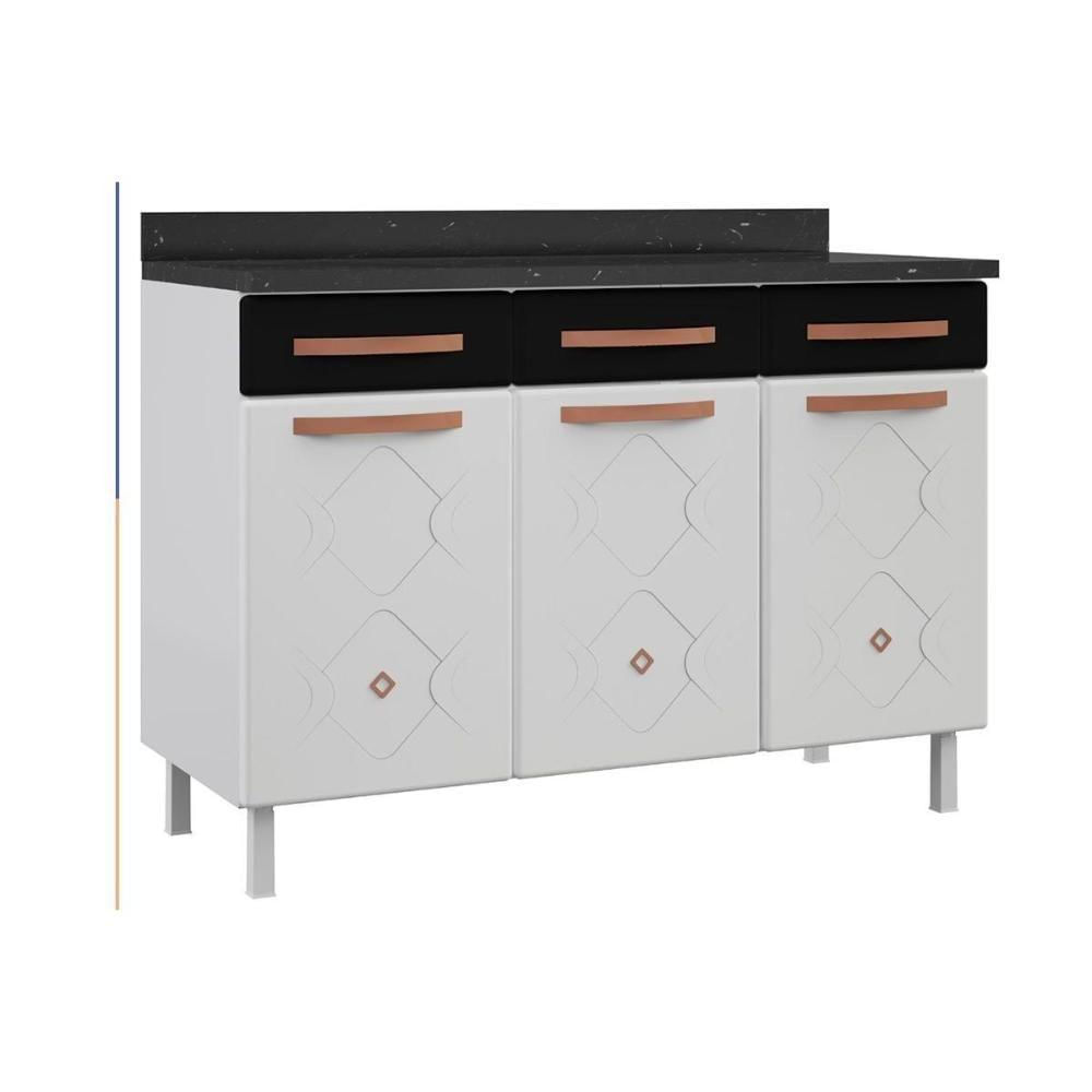 Miniatura Gabinete P- Pia Cozinha Balcão Mirage New Aço 3 Portas E 3 Gavetas C-tampo 120cm Branco Preto