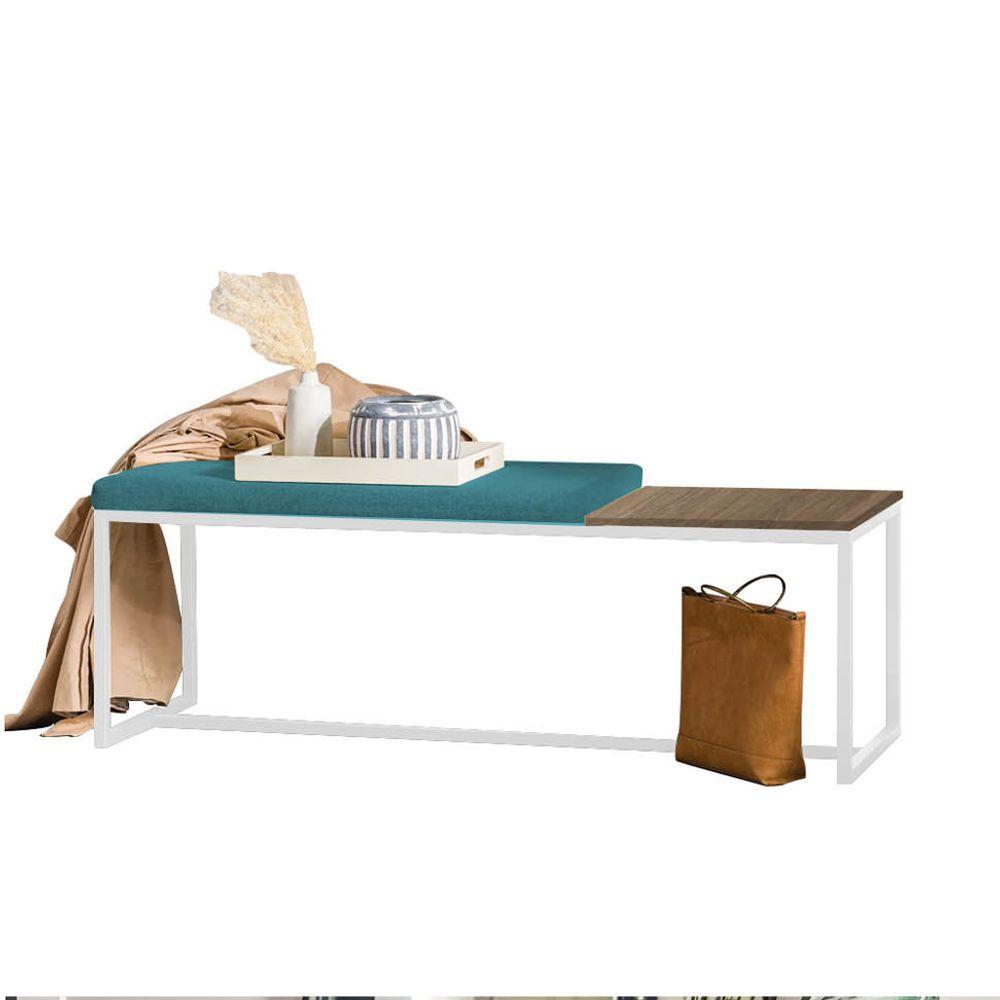Miniatura Banco Recamier Puff 160cm Industrial Branco Suede Azul Turquesa Tampo Quadrado Mdf Carvalho
