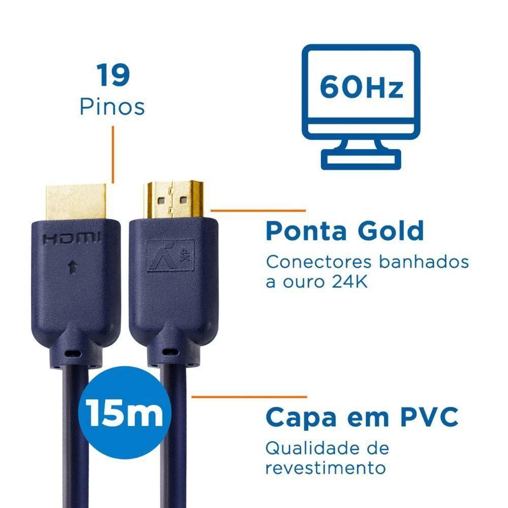 Miniatura Cabo Hdmi Aquario 2.0 4K 3D 19 Pinos 15 Metros - 4K15