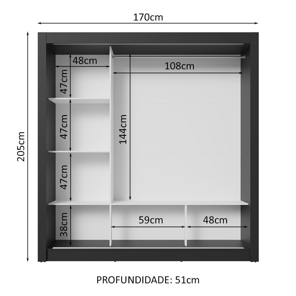 Miniatura Guarda-Roupa Casal 3 Portas de Correr com Espelhos Preto/Cinza Nobre Madesa Cor:Preto/Cinza