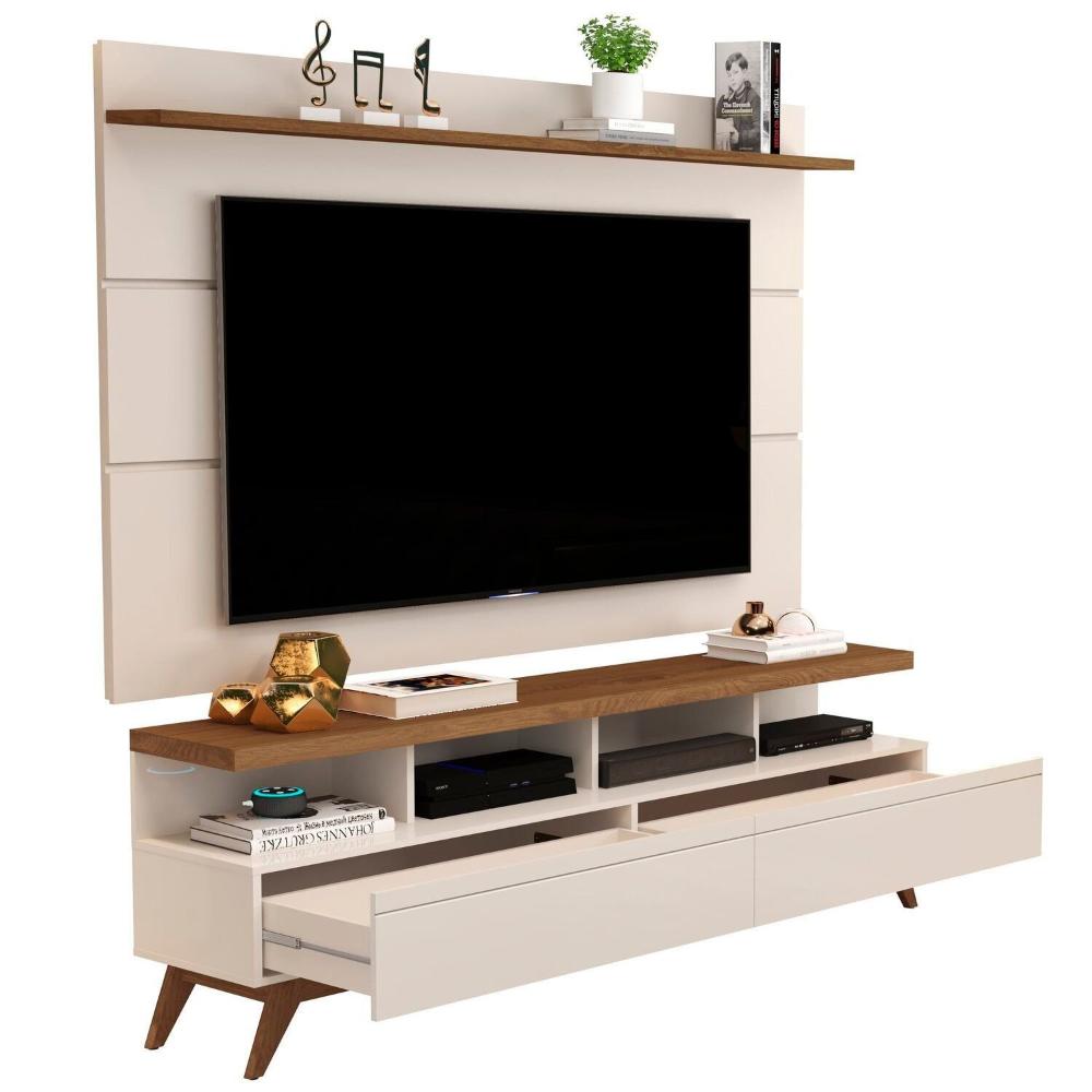 Rack com Painel para Tv 60 Polegadas Pés em Madeira Maciça Off White/Freijó