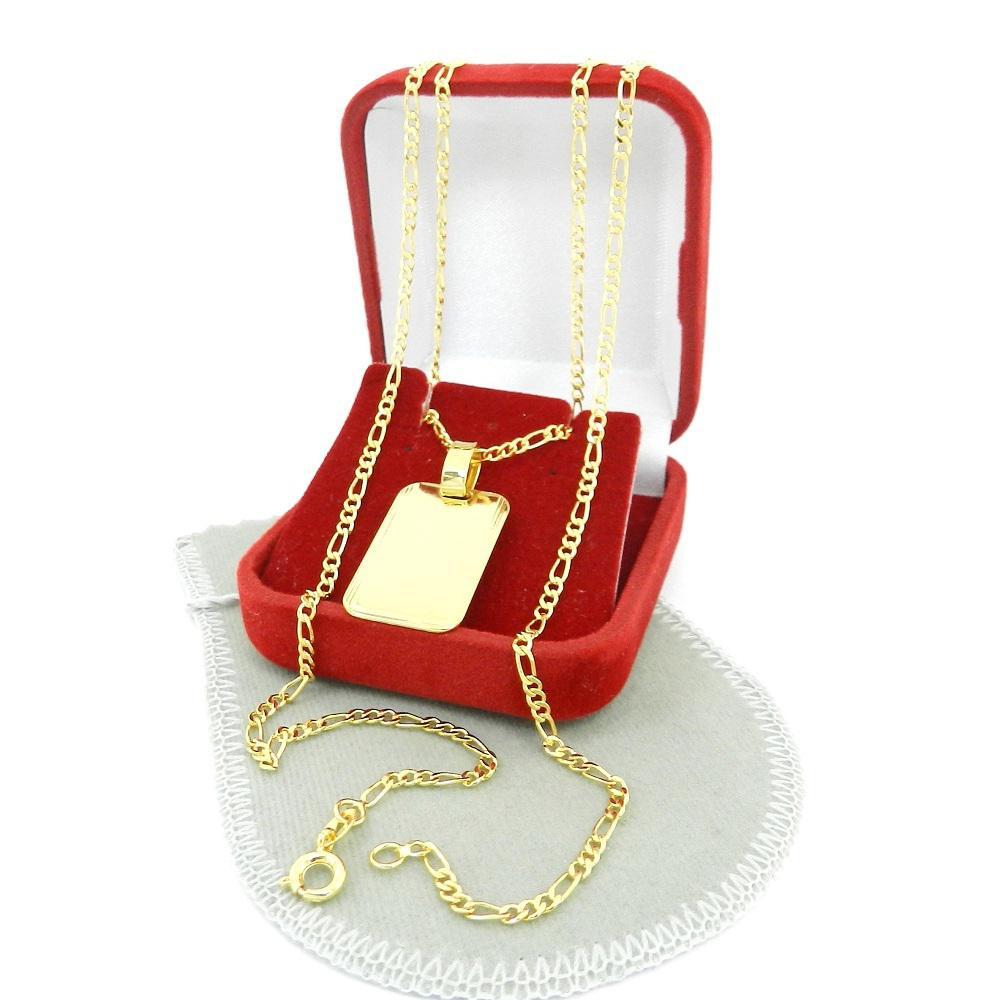 Miniatura Corrente Masculina 80Cm 2Mm Placa 25Mm Folheada Ouro Cr1674