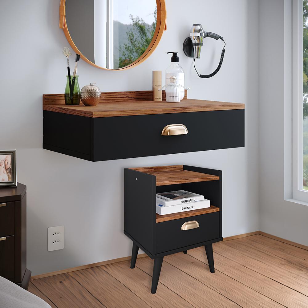 Miniatura Kit Decorativo Quarto Casal Penteadeira Suspensa Gloss Mesinha Lateral Estilo Preto|Freijó Cabeceira Cama Box Queen Bia 1.60 Marrom Suede - RPM Móveis