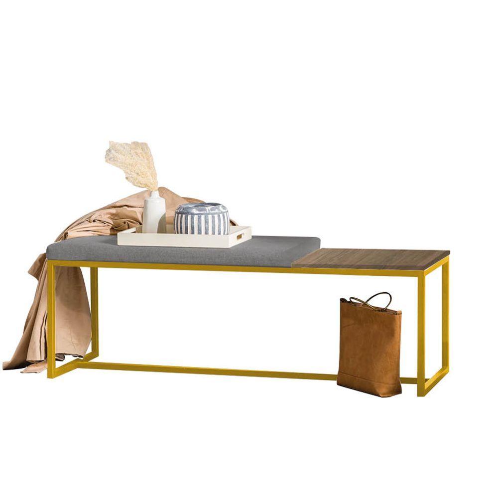 Miniatura Banco Recamier Puff 160cm Industrial Dourado Sintético Cinza Tampo Quadrado Mdf Nogal