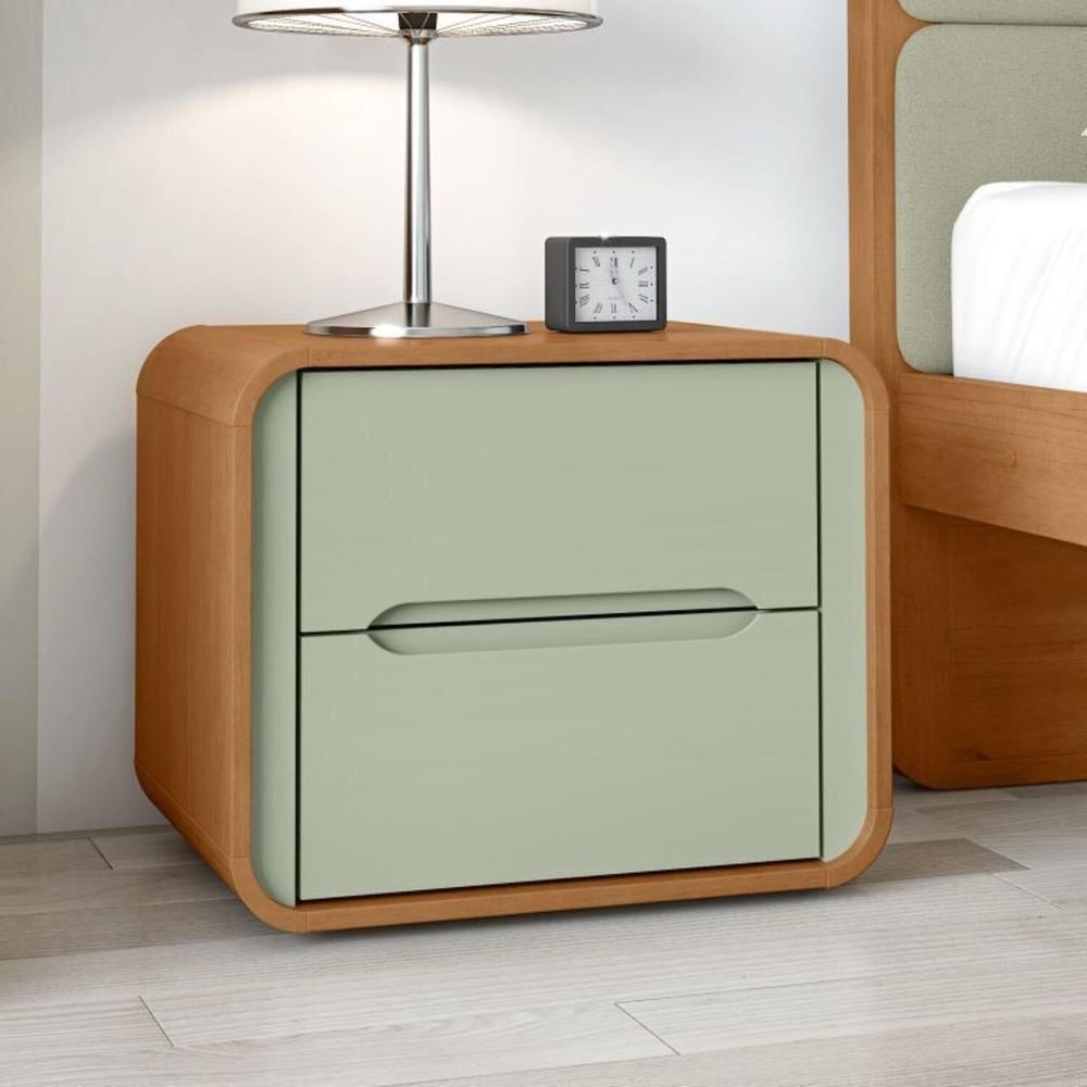 Quarto Infantil com 2 Camas Solteiro Loop Tecido Boucle e Mesa de Cabeceira 2 Gavetas Loop Amendoa Clean/Salvia