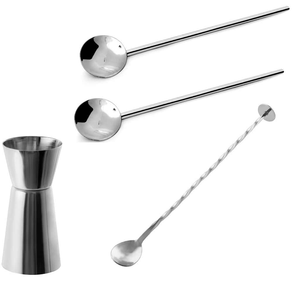 Miniatura Dosador duplo, colher bailarina e 2 colheres para drinks