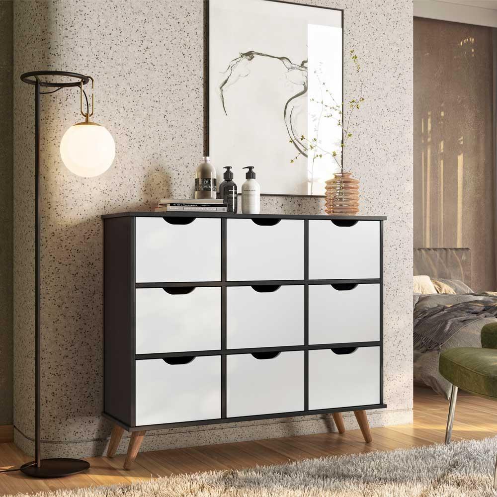 Miniatura Nicho Organizador Retrô Preto 9 Gavetas Branco Qmovi