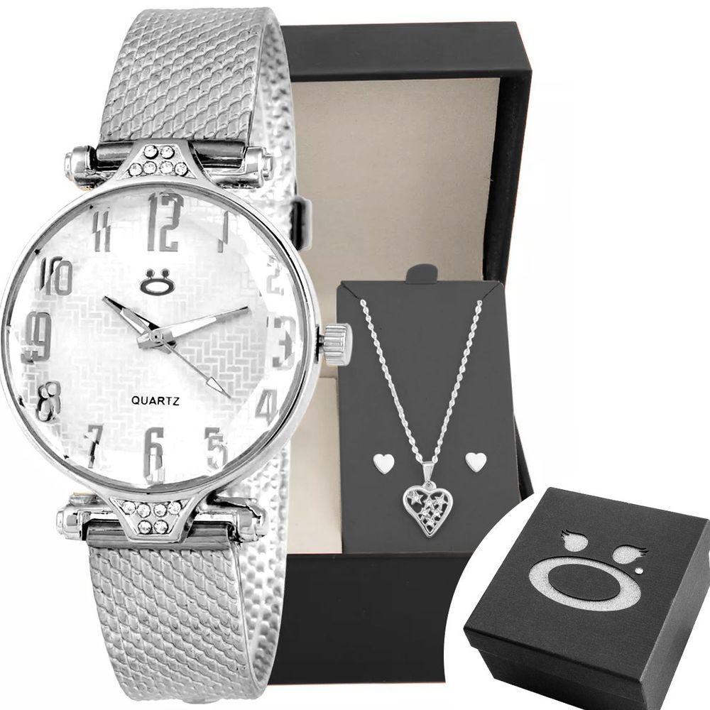 Miniatura Relogio Feminino Prata Aço Colar Brinco Coração Casual