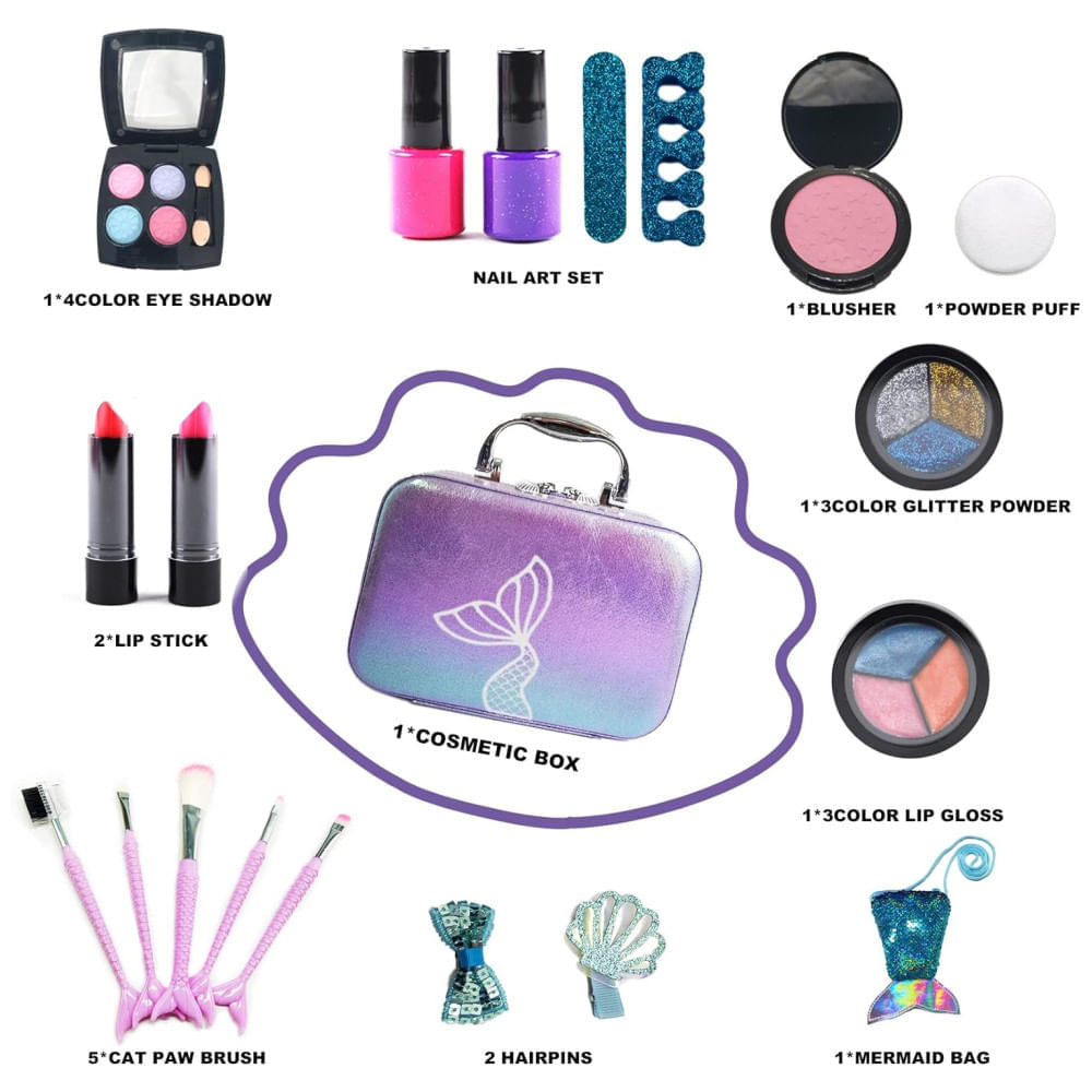 Miniatura Kit de Maquiagem Infantil Lavável com 20 Peças para Crianças de 4 a 10 Anos, 10Leccion Sereia, Roxo e Rosa 110v