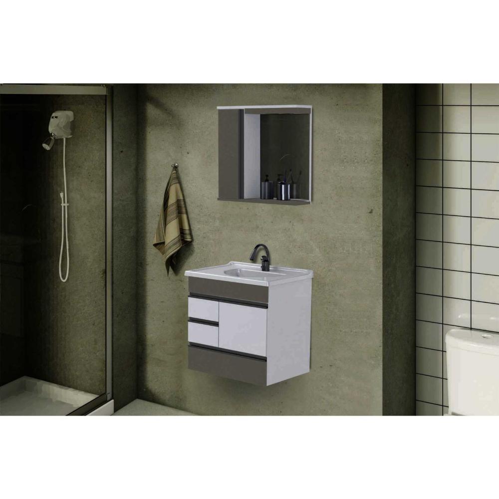 Miniatura Conjunto Gabinete de Banheiro Suspenso 2 Gavetas e 1 Gavetão com Espelheira e Cuba AJ Rorato Gianduia