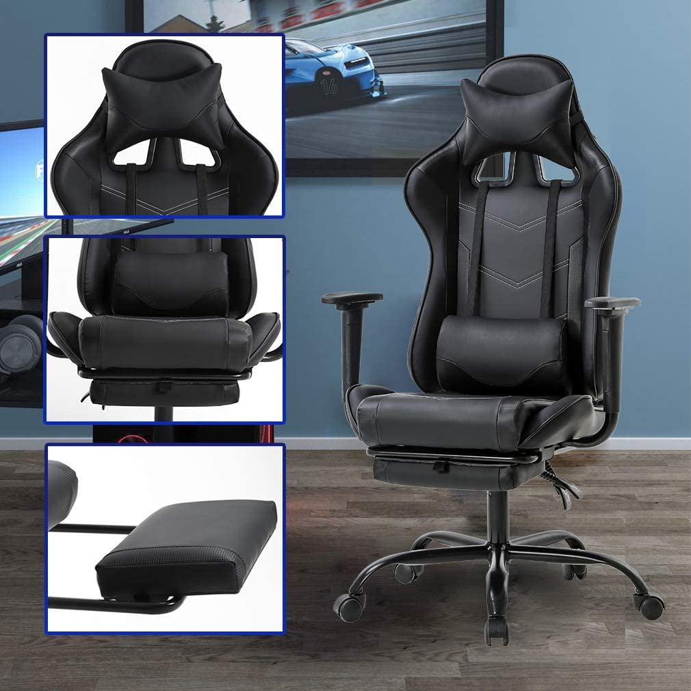 Office Chair PC Gaming Chair Ergonomic Desk Chair Executive PU Leather Computer Chair Lumbar Support with Footrest Modern Task Rolling Swivel Racing Chair for Women e Men Black