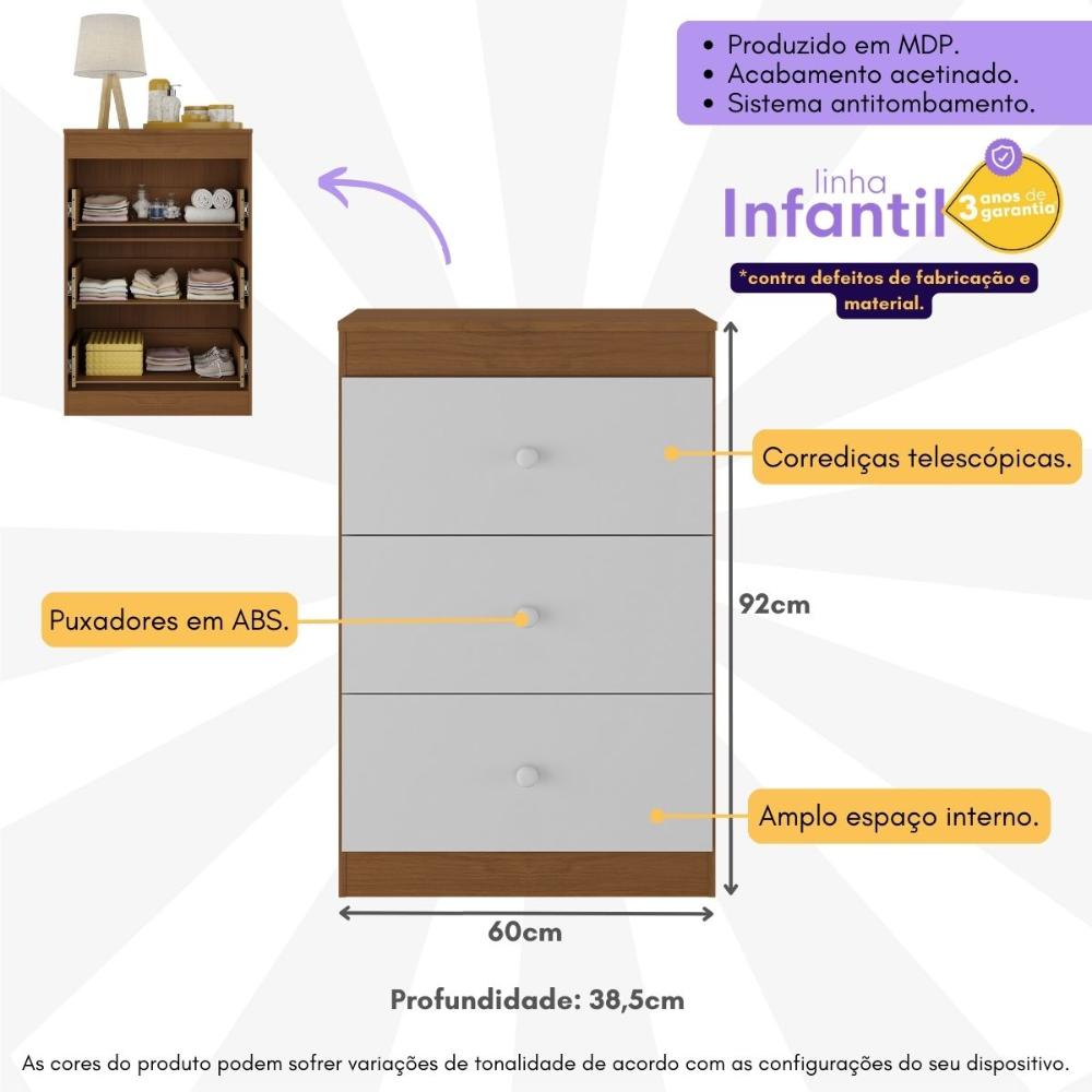 Miniatura Cômoda Infantil com 3 Gavetas Doce de Leite Multimóveis MP2676 Madeirado/Branco