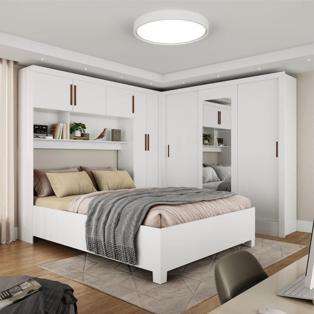 Miniatura Guarda-roupa Casal Modulado 5 Portas com Cama Santiago 3 Portas com Espelho 5 Gavetas Branco