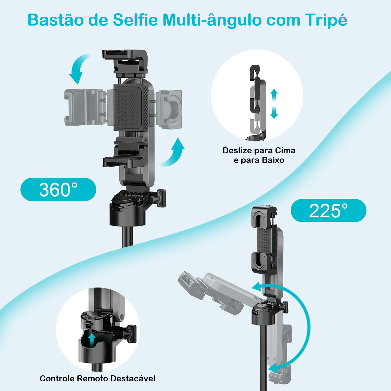 Bastão de Selfie Retrátil 360° para SmartPhones com Mini Tripé e Controle Remoto