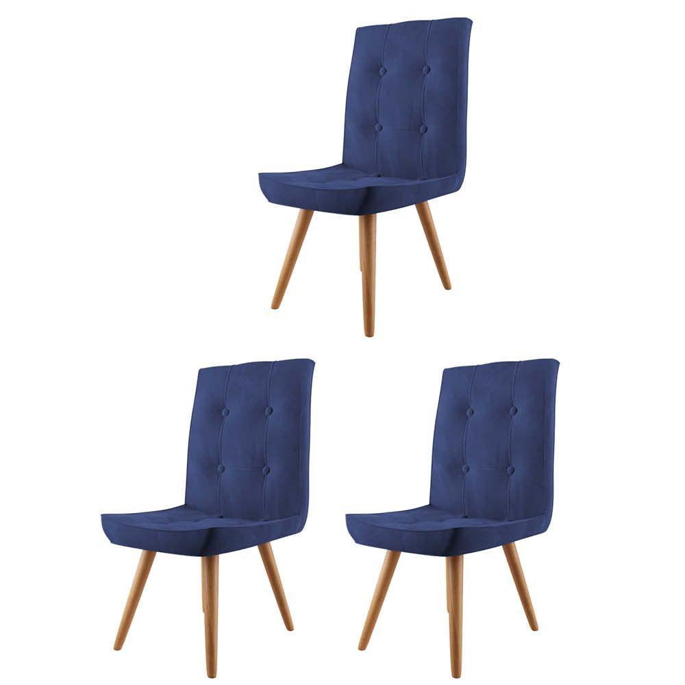 Miniatura Kit 03 Cadeira De Jantar Base Pé Palito Carvalho Sintético Azul Marinho - Amey Decor