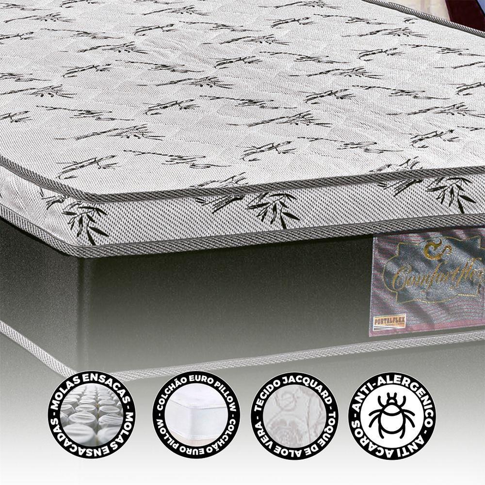 Base Box E Colchao Casal Confort Flex Molas Ensacadas 1,88x1,38x0,67 Branco - Preto